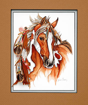 COPPER PAINT HORSE, FEATHER DRESSED 5x7.